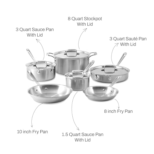 All-Clad D5 Brushed 5 Ply Stainless Steel Cookware Set 10 Piece w/ Frying Pans, Pots and Pans Set, Induction, Oven Broiler Safe 600F, Silver