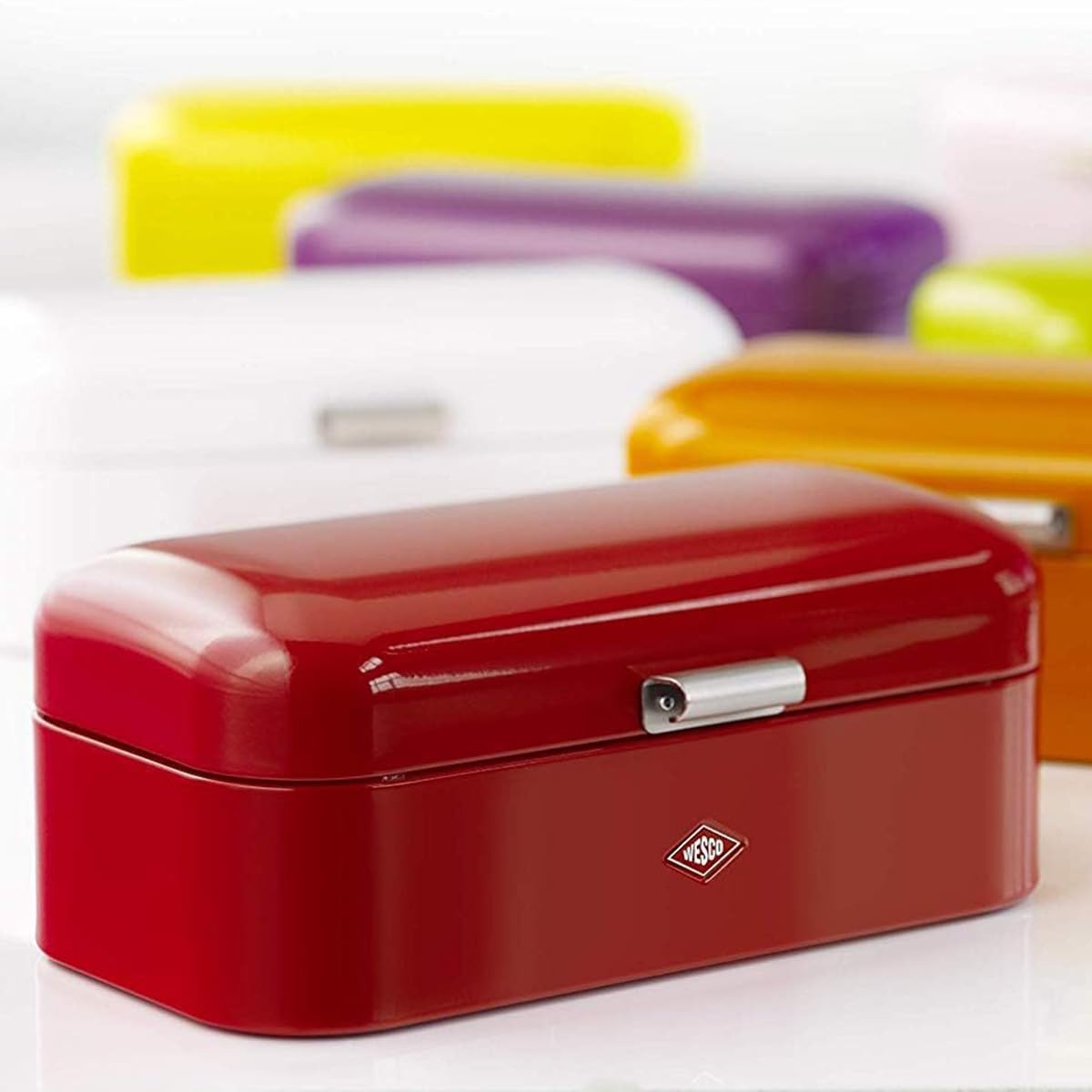 WESCO Grandy bread bin in mint colour, powder-coated sheet steel, ventilation holes and sturdy handle