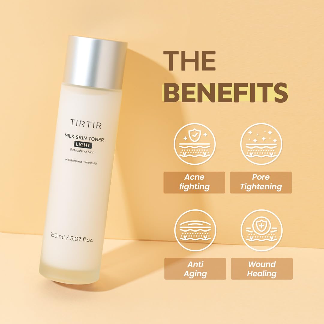 TIRTIR 밀크 스킨 라이스 토너 라이트 | 4% 니아신아마이드, 판테놀 함유, 즉각적인 수분 공급, 가볍고, 모공 조임, 비건, 여드름이 생기기 쉬운 피부, 지성 피부, 진균성 여드름에 안전, 한국식 스킨 케어, 5.07 Fl Oz