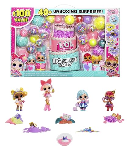 LOL Surprise Big Party With 4 Collectible Dolls, 40+ Surprises, 100 Value, 6 Unboxing Experiences, Fashions, Sand, Gel Crush, Shell Smash, Fluff, Party Confetti, Crunch Beads, Gift for Girls