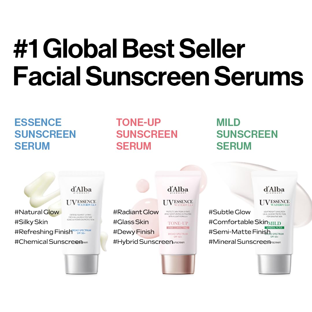 d'alba Piedmont Waterfull Tone-Up 선스크린 세럼 광대역 SPF 50 + 얼굴용 한국산 선스크린, 모든 피부 톤, 땀 방지 포뮬라 (1.69 fl.oz.)