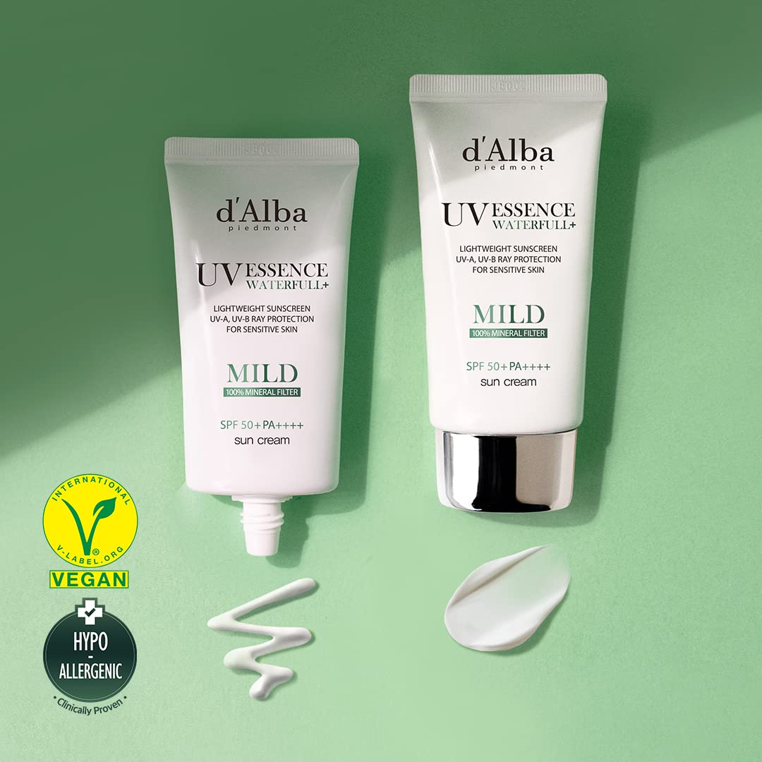 d'alba Piedmont Italian White Truffle Waterfull Mild 선크림, 비건, 미네랄 선크림, SPF 50+ PA++++, 나노가 아닌 선크림 모든 민감성 피부에 적합, 부드럽고 가벼운 마무리, 한국 스킨케어