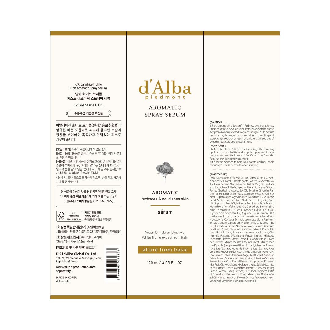 d'alba Piedmont Italian White Truffle First Aromatic Spray Serum, 향기로운 VEGAN Glowy Antioxidant Face Mist, 깊은 수분 공급 피부 탄력, 한국 스킨 케어(4.05 fl.oz)