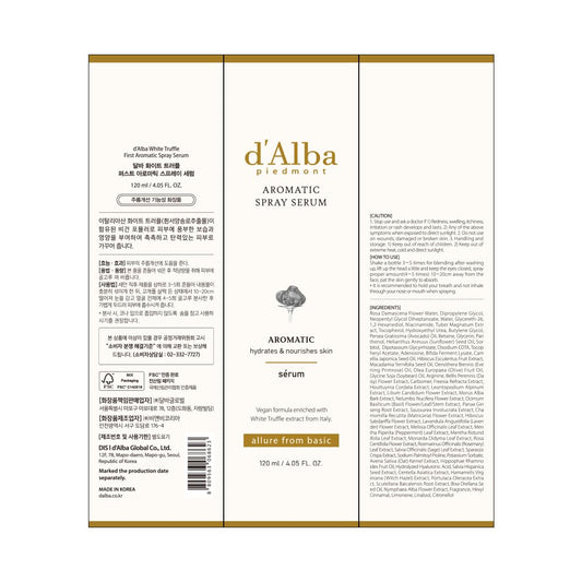 d'alba Piedmont Italian White Truffle First Aromatic Spray Serum, Fragrant VEGAN Glowy Antioxidant Face Mist, Deep Hydration Skin Firmness, Korean Skin Care (4.05 fl.oz)