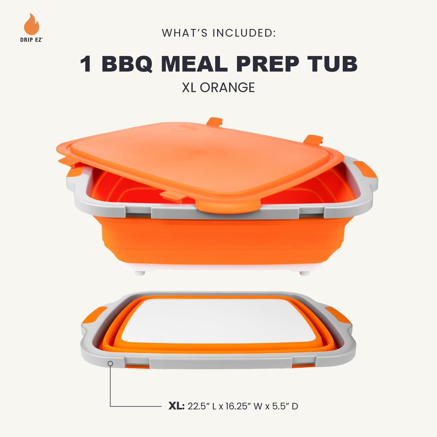 Drip EZ Collapsible BBQ Prep Tub - for Meal Prep Marinating Food Storage - Includes Cutting Board & Locking Lid - (1) XL - Orange
