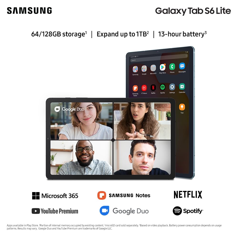 SAMSUNG Galaxy Tab S6 Lite 10.4" 128GB Android Tablet, LCD Screen, S Pen Included, Slim Metal Design, AKG Dual Speakers, 8MP Rear Camera, Long Lasting Battery, US Version, 2022, Angora Blue