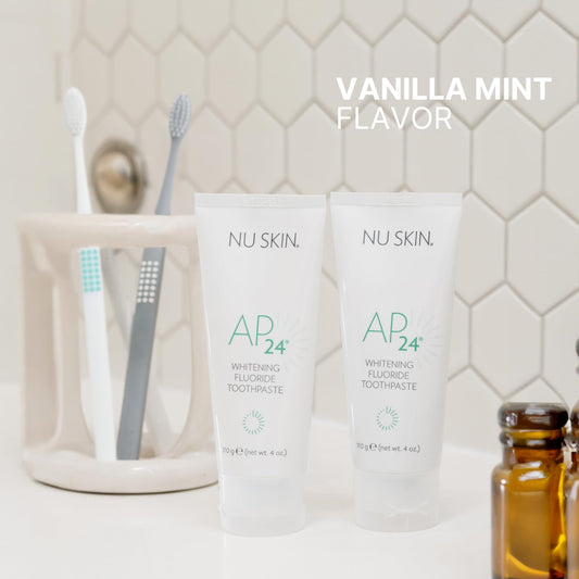 Nu Skin AP 24 Whitening Fluoride Toothpaste | 4oz | Brightens and Whitens Teeth | Helps Prevent Dental Cavities | Gentle Vanilla Mint Formula | 2 Pack