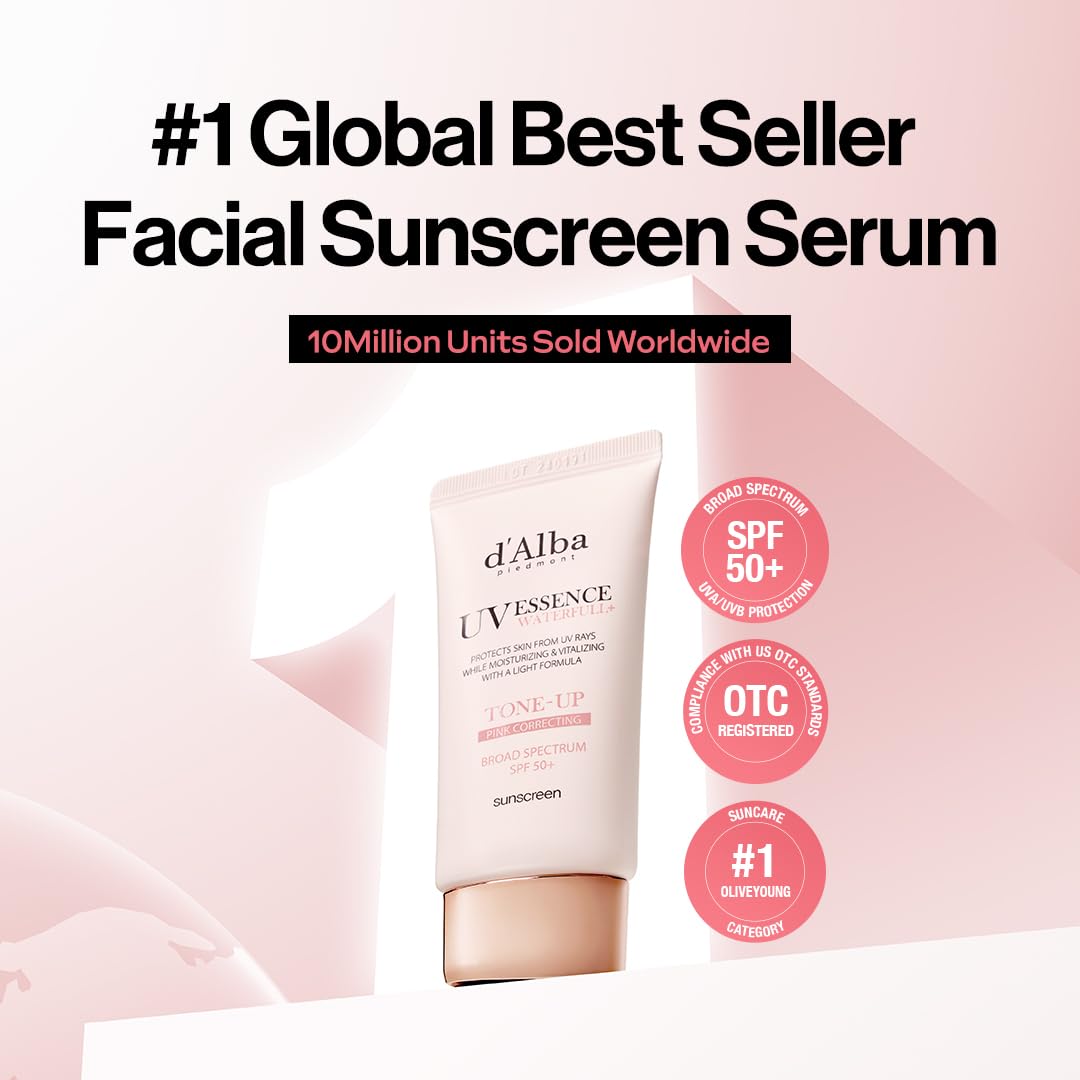 d'alba Piedmont Waterfull Tone-Up 선스크린 세럼 광대역 SPF 50 + 얼굴용 한국산 선스크린, 모든 피부 톤, 땀 방지 포뮬라 (1.69 fl.oz.)