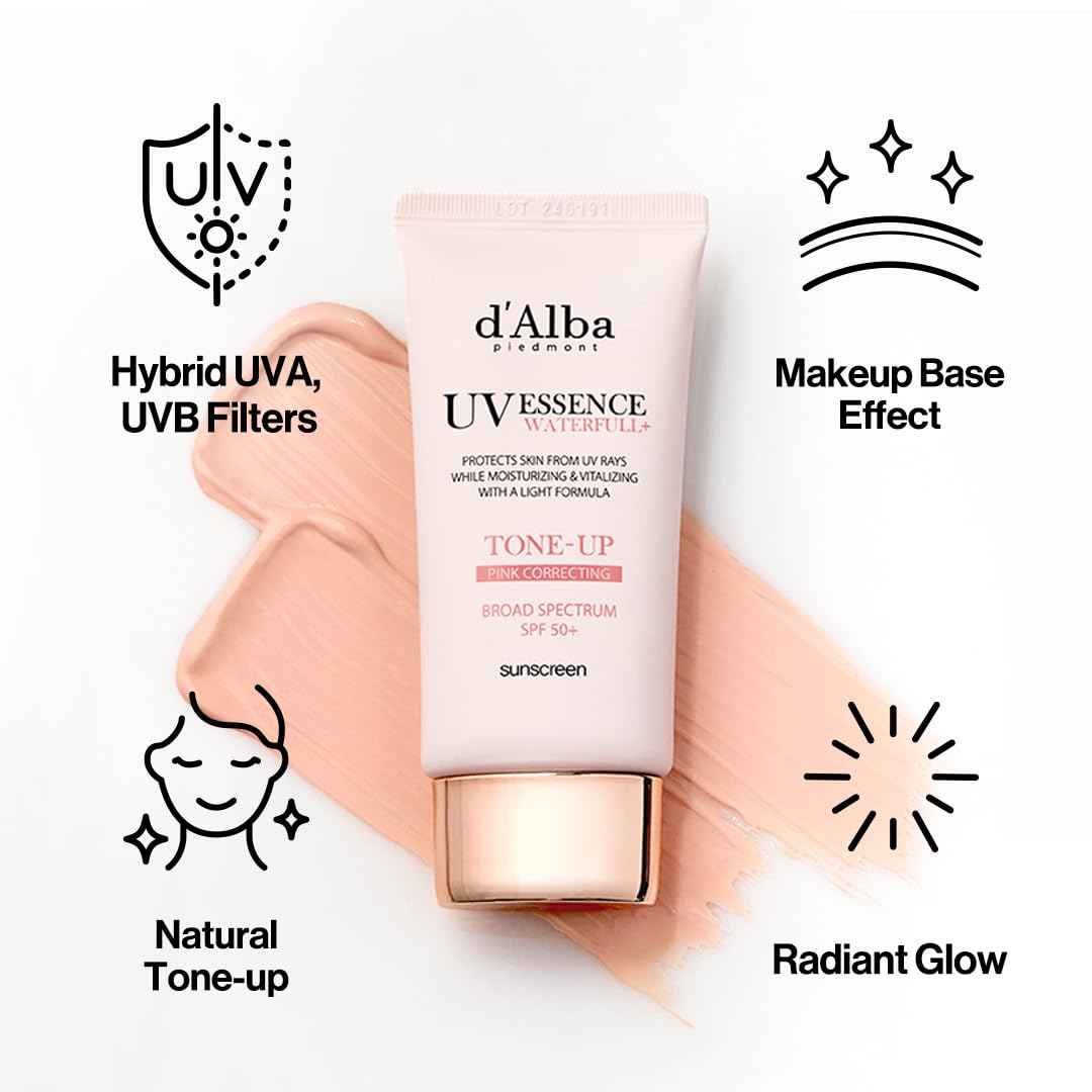 d'alba Piedmont Waterfull Tone-Up 선스크린 세럼 광대역 SPF 50 + 얼굴용 한국산 선스크린, 모든 피부 톤, 땀 방지 포뮬라 (1.69 fl.oz.)