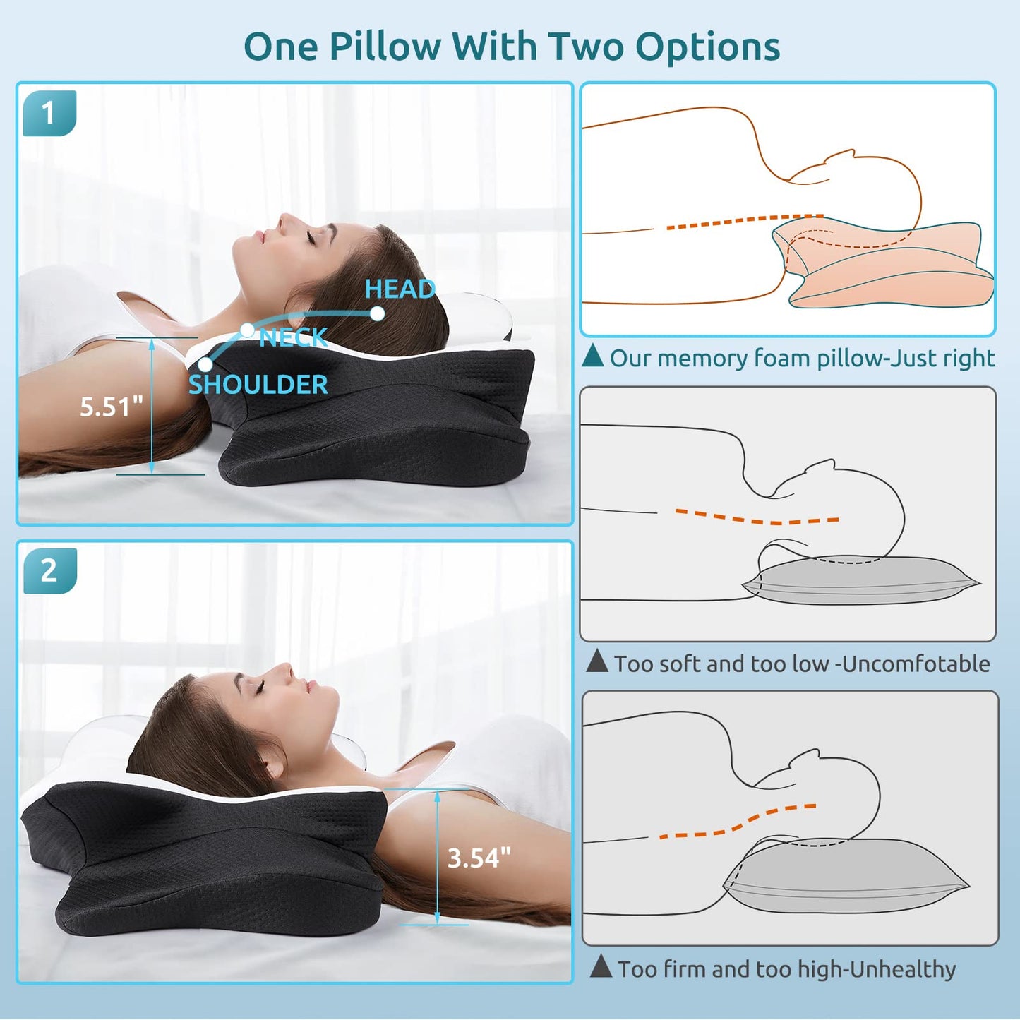 DONAMA Cervical Pillow for Neck and Shoulder,Contour Memory Foam Pillow,Ergonomic Neck Support Pillow for Side Back Stomach Sleepers with Pillowcase-Standard Size