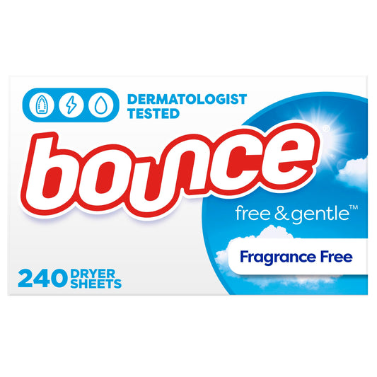 Bounce Free & Gentle Dryer Sheets, 240 Sheets, Unscented Fabric Softener Sheets, Hypoallergenic and Dermatologist Tested