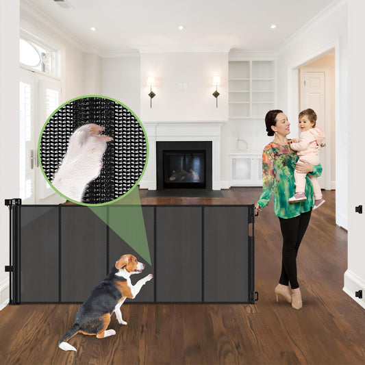 96 Inch Wide Reinforced Retractable Baby Gate with Support Rods, Extra Long Dog Gate Retractable Gate Outdoor Gates for Decks, Prevent Crawling Under Extra Long Baby Gates for Large Openings, Black