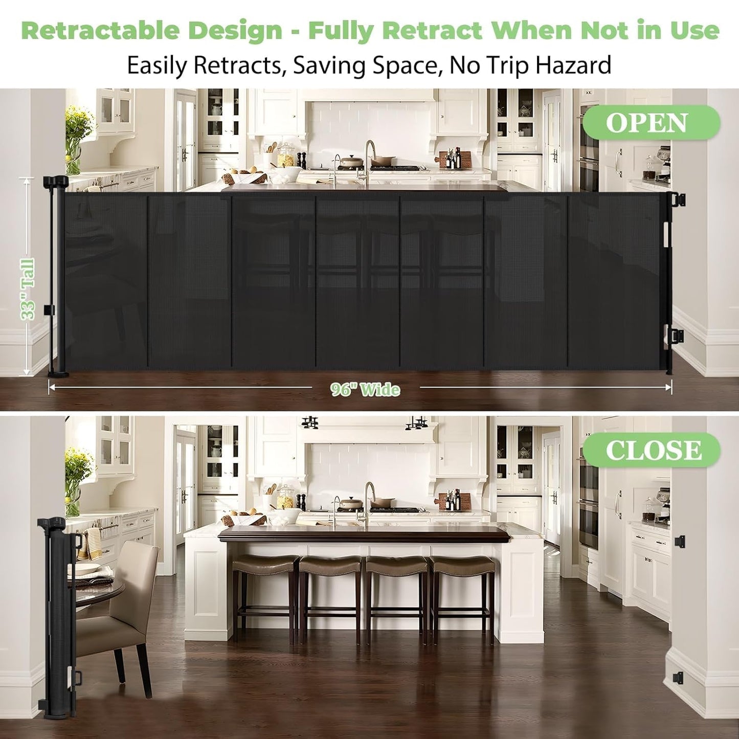 96 Inch Wide Reinforced Retractable Baby Gate with Support Rods, Extra Long Dog Gate Retractable Gate Outdoor Gates for Decks, Prevent Crawling Under Extra Long Baby Gates for Large Openings, Black