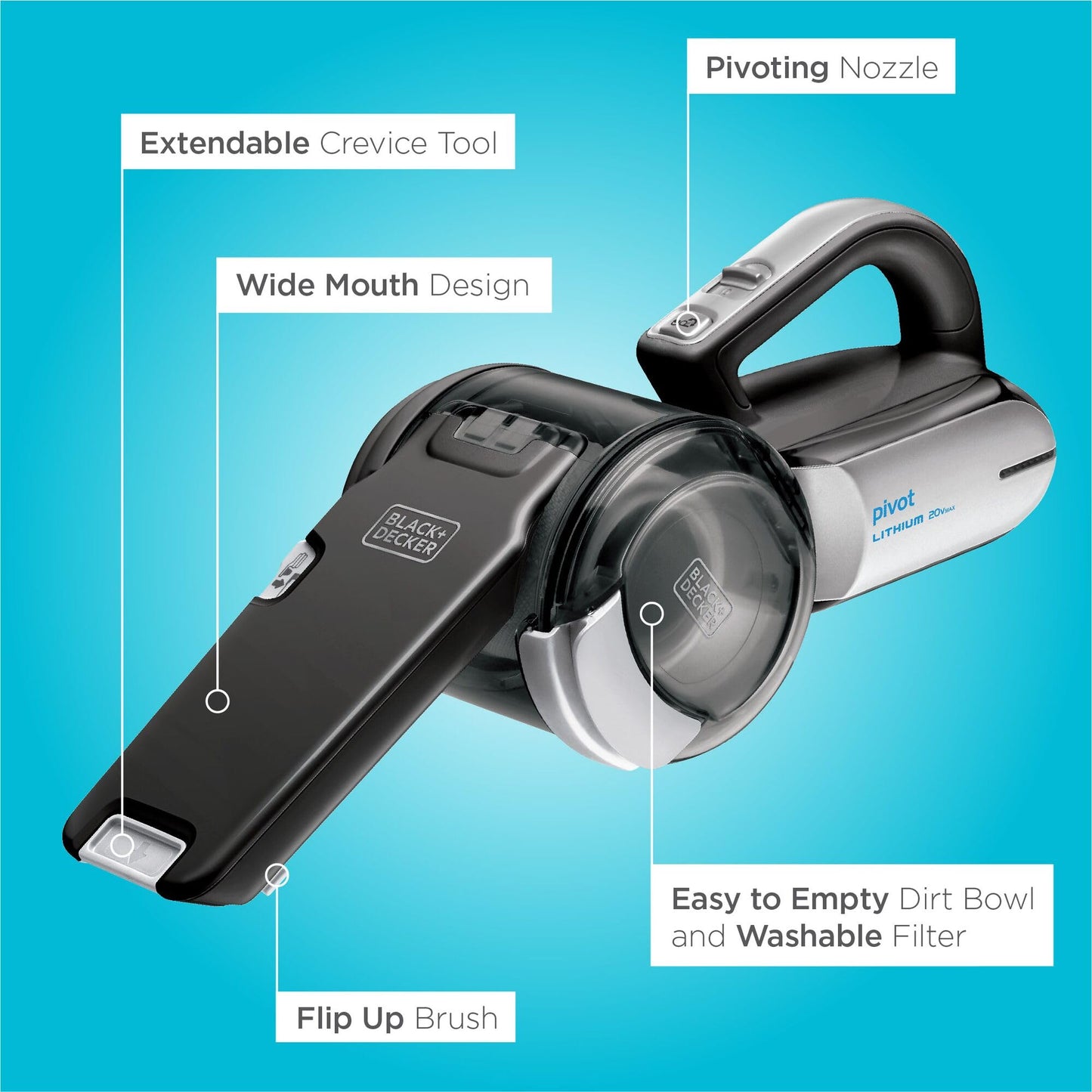 BLACK+DECKER dustbuster PIVOT VAC 코드리스 핸드헬드 진공 청소기, 틈새 도구 및 피벗 노즐이 있는 가정 및 자동차 진공 청소기(BDH2000PL)