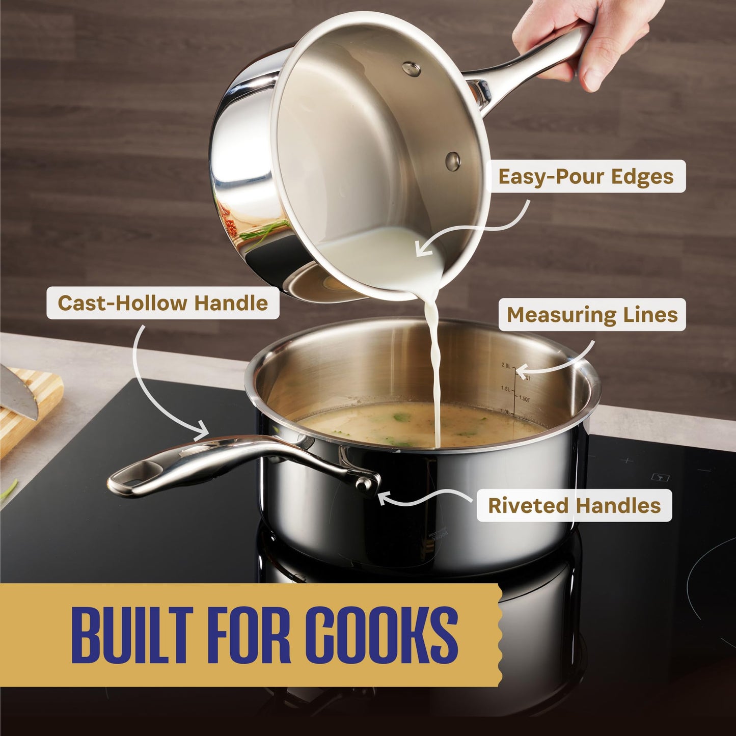 LEGEND COOKWARE 스테인리스 스틸 조리도구 세트 | 5겹, 14피스, 유도, 무독성, 오븐 사용 가능 | 최고의 18/8 풀 클래드 | 전문 주방 조리, 헤비 셰프 품질 | PFOA, PTFE 및 PFOS 무함유