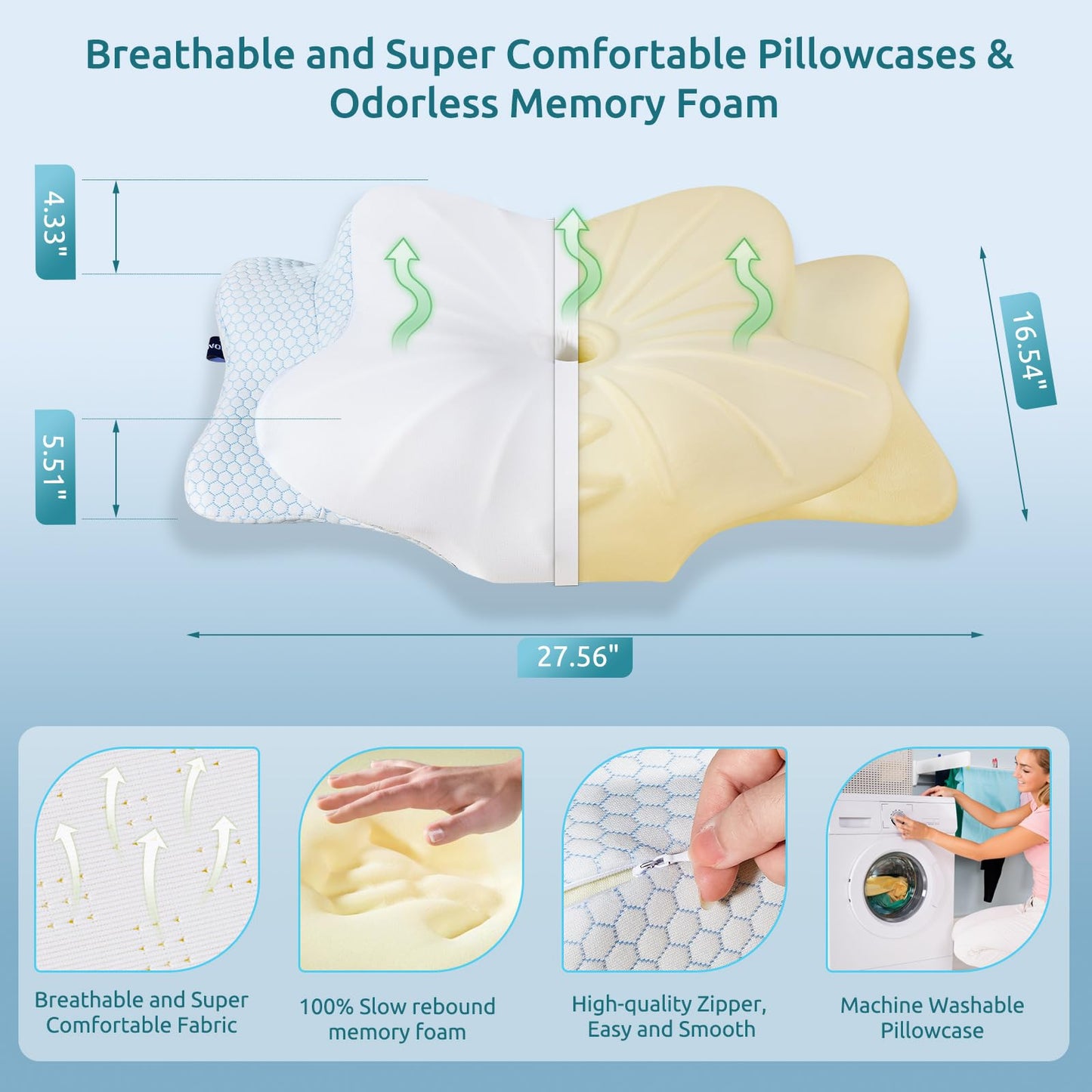 DONAMA Cervical Pillow for Neck and Shoulder,Contour Memory Foam Pillow,Ergonomic Neck Support Pillow for Side Back Stomach Sleepers with Pillowcase-Standard Size