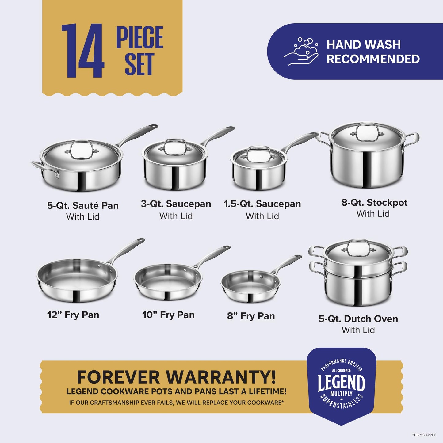 LEGEND COOKWARE 스테인리스 스틸 조리도구 세트 | 5겹, 14피스, 유도, 무독성, 오븐 사용 가능 | 최고의 18/8 풀 클래드 | 전문 주방 조리, 헤비 셰프 품질 | PFOA, PTFE 및 PFOS 무함유
