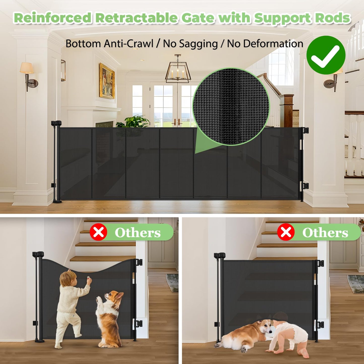 96 Inch Wide Reinforced Retractable Baby Gate with Support Rods, Extra Long Dog Gate Retractable Gate Outdoor Gates for Decks, Prevent Crawling Under Extra Long Baby Gates for Large Openings, Black