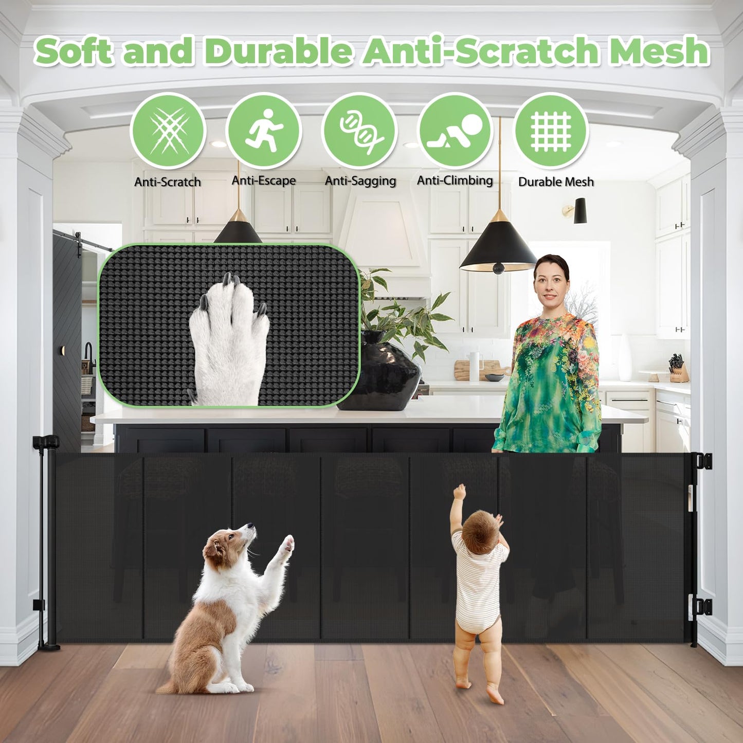 96 Inch Wide Reinforced Retractable Baby Gate with Support Rods, Extra Long Dog Gate Retractable Gate Outdoor Gates for Decks, Prevent Crawling Under Extra Long Baby Gates for Large Openings, Black