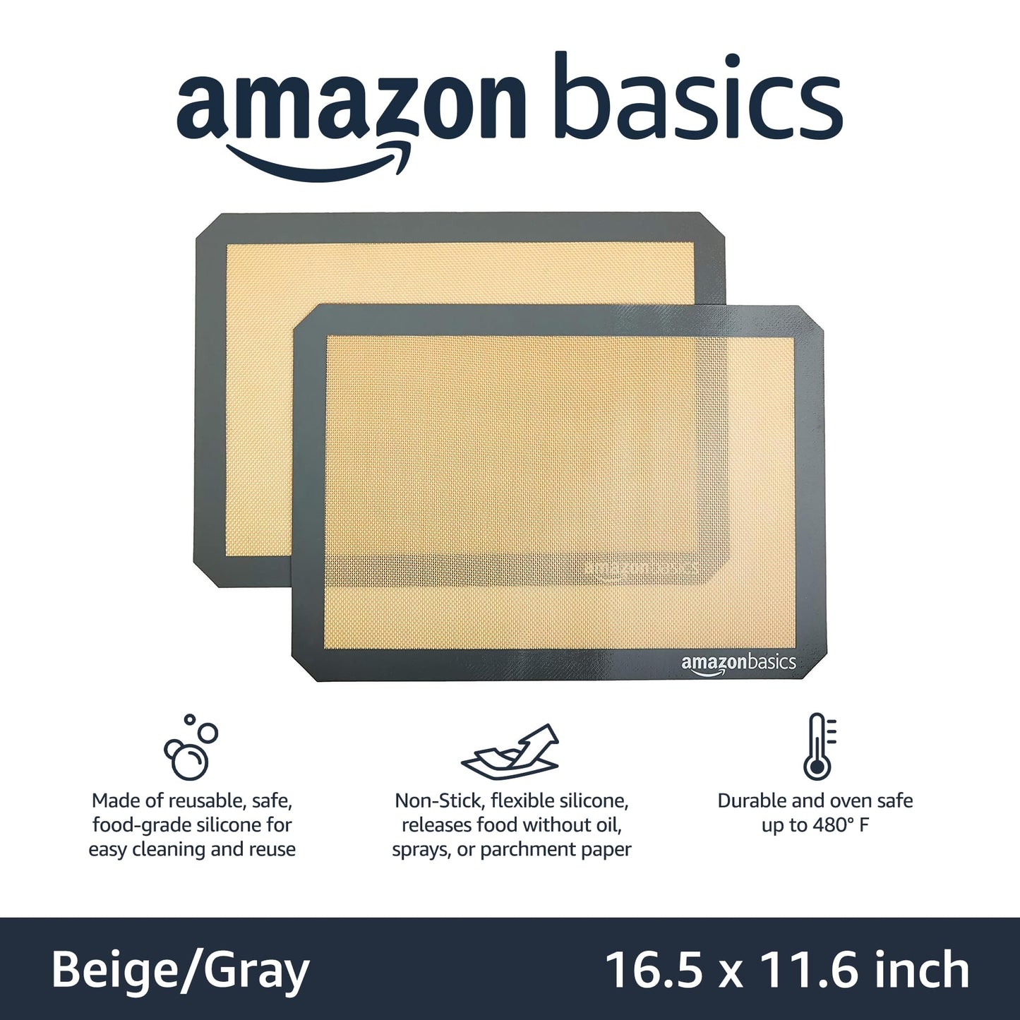 Amazon Basics Rectangular Silicone, Non-Stick Reusable, Food Safe Baking Mat, Pack of 2, 16.5"L x 11.6"W, New Beige/Gray
