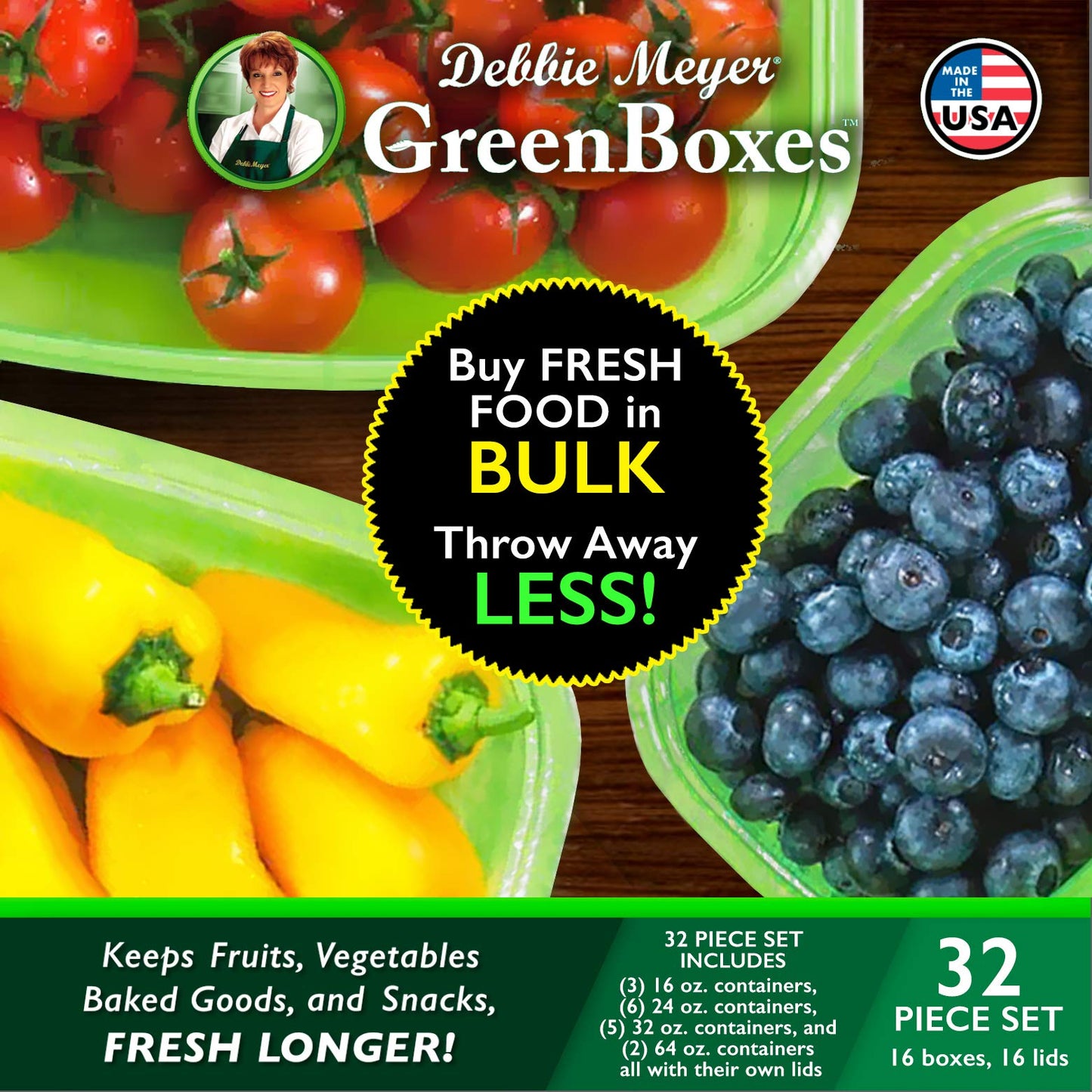 Debbie Meyer GreenBoxes 32 Piece Set – Keeps Fruits, Vegetables, Baked Goods and Snacks Fresh Longer, Reusable, BPA Free, Microwave and Dishwasher Safe, Made in USA