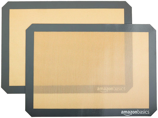 Amazon Basics Rectangular Silicone, Non-Stick Reusable, Food Safe Baking Mat, Pack of 2, 16.5"L x 11.6"W, New Beige/Gray