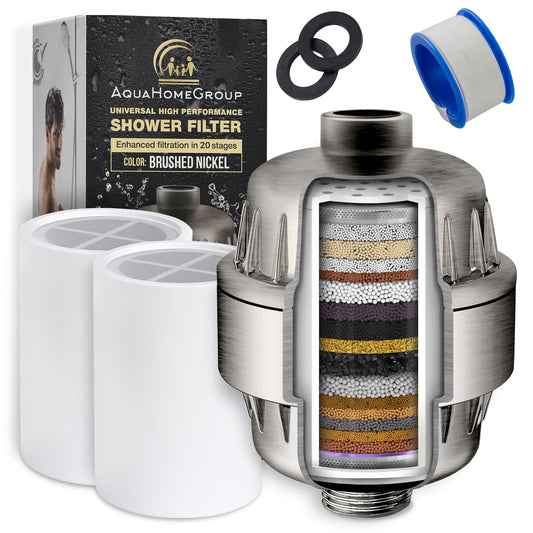 AquaHomeGroup 20 Stage Shower Head Filter with Vitamin C E A for Hard Water - High Output Filter to Remove Chlorine and Fluoride - 2 Replacement Cartridges - Consistent Flow Showerhead Filter