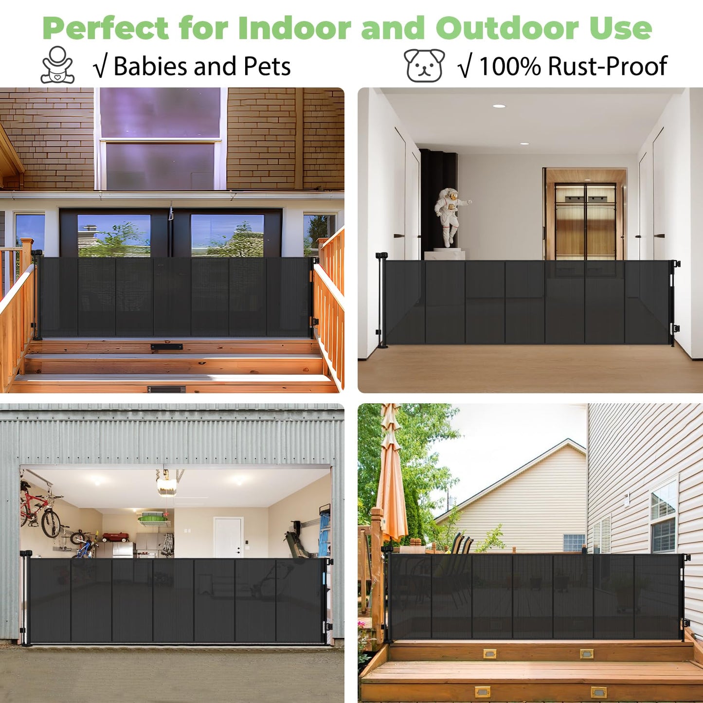 96 Inch Wide Reinforced Retractable Baby Gate with Support Rods, Extra Long Dog Gate Retractable Gate Outdoor Gates for Decks, Prevent Crawling Under Extra Long Baby Gates for Large Openings, Black