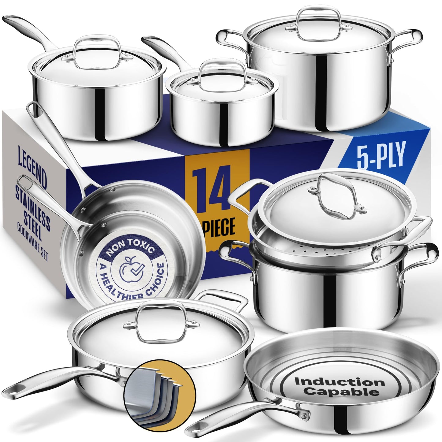 LEGEND COOKWARE 스테인리스 스틸 조리도구 세트 | 5겹, 14피스, 유도, 무독성, 오븐 사용 가능 | 최고의 18/8 풀 클래드 | 전문 주방 조리, 헤비 셰프 품질 | PFOA, PTFE 및 PFOS 무함유