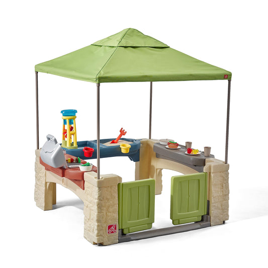 Step2 All Around Playtime Patio with Canopy, Kids Indoor/Outdoor Kitchen Playset & Sensory Playhouse, Made of Durable Plastic, Includes 16 Piece Toy Accessories, For Toddlers 2+ Years Old, Green