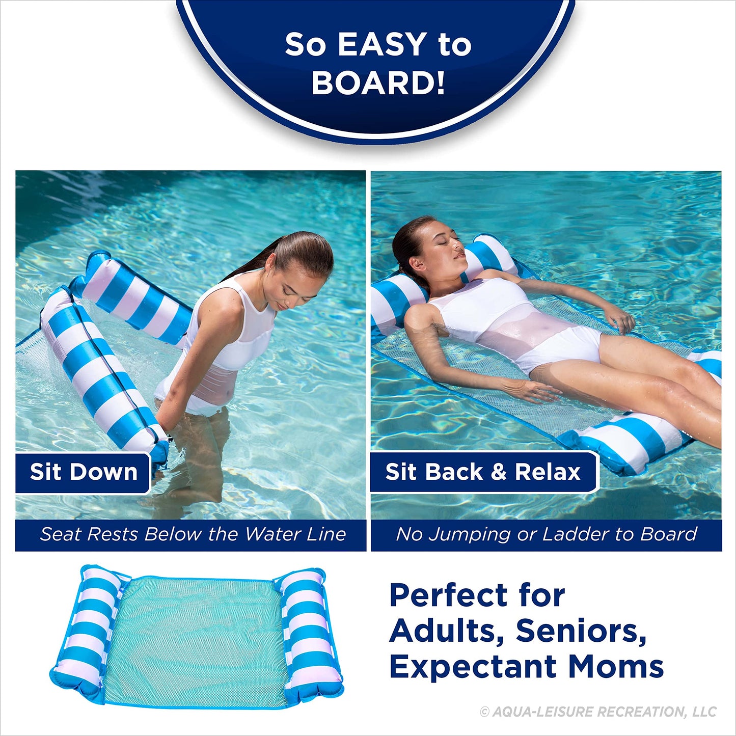 Aqua Original 4-in-1 Monterey Hammock Pool Float & Water Hammock – Multi-Purpose, Inflatable Pool Floats for Adults – Patented Thick, Non-Stick PVC Material – Light Blue
